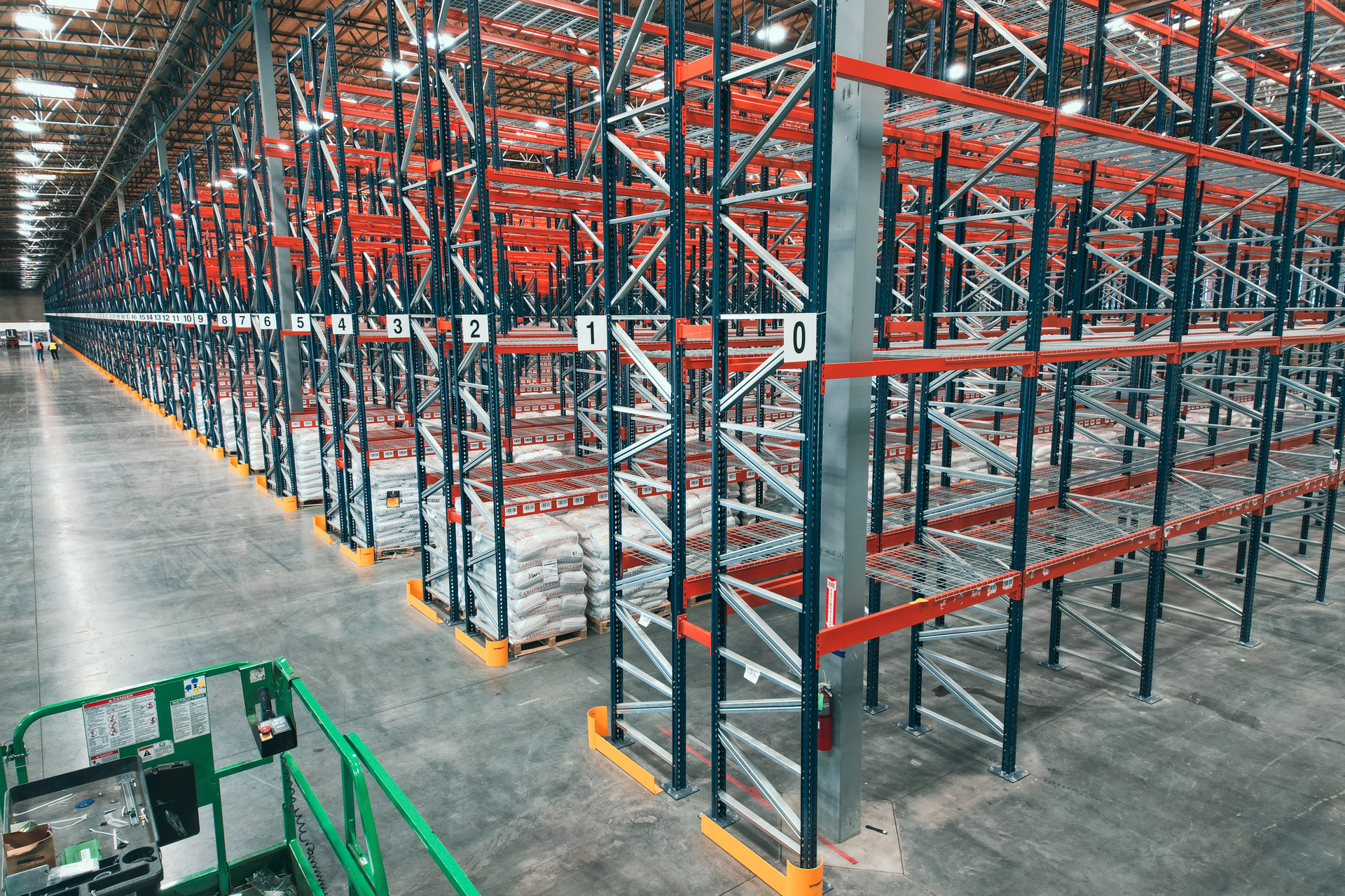 Wide view of warehouse racking and storage aisles